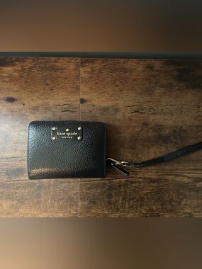 Kate Spade Black Pebbled Leather Wristlet Card Holder with Gold Plate